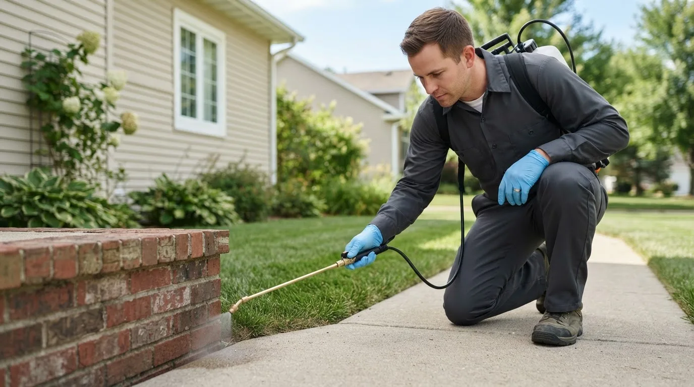 Pest control technician treating a home near Blacklick, OH