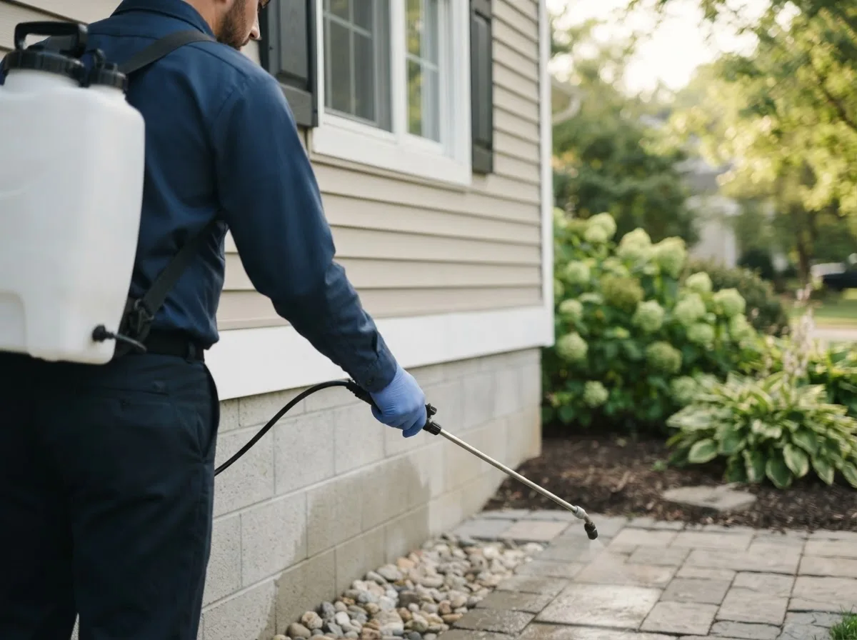 Pest control technician inspecting a home in Blacklick, OH